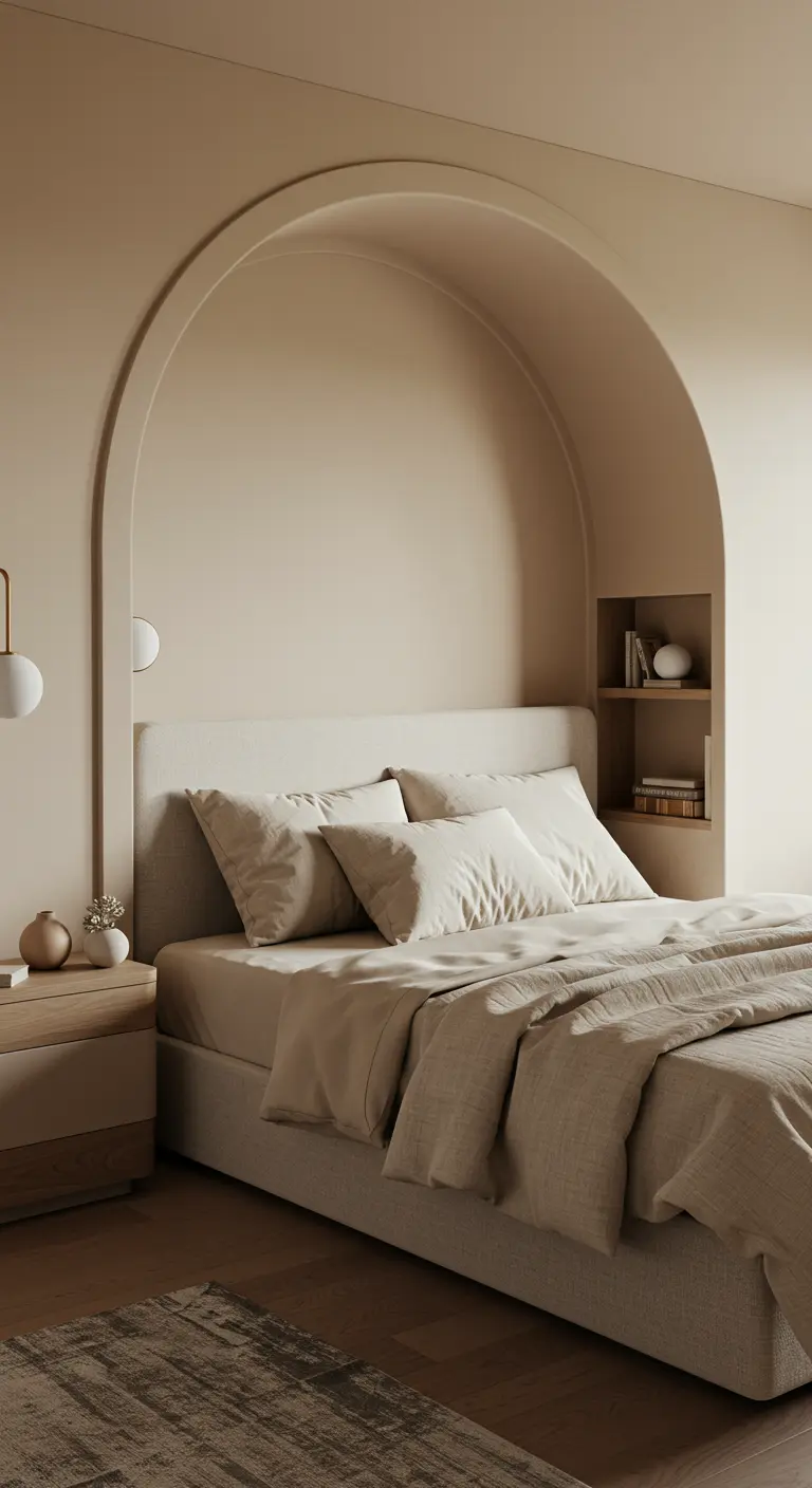 Bedroom with a cream upholstered bed set within a large, arched niche in the wall.