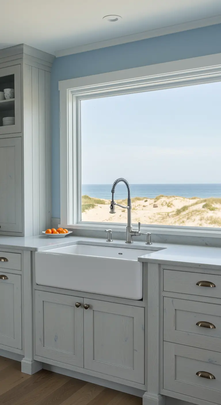Kitchen with a farmhouse sink under a large window looking out to the ocean and dunes.