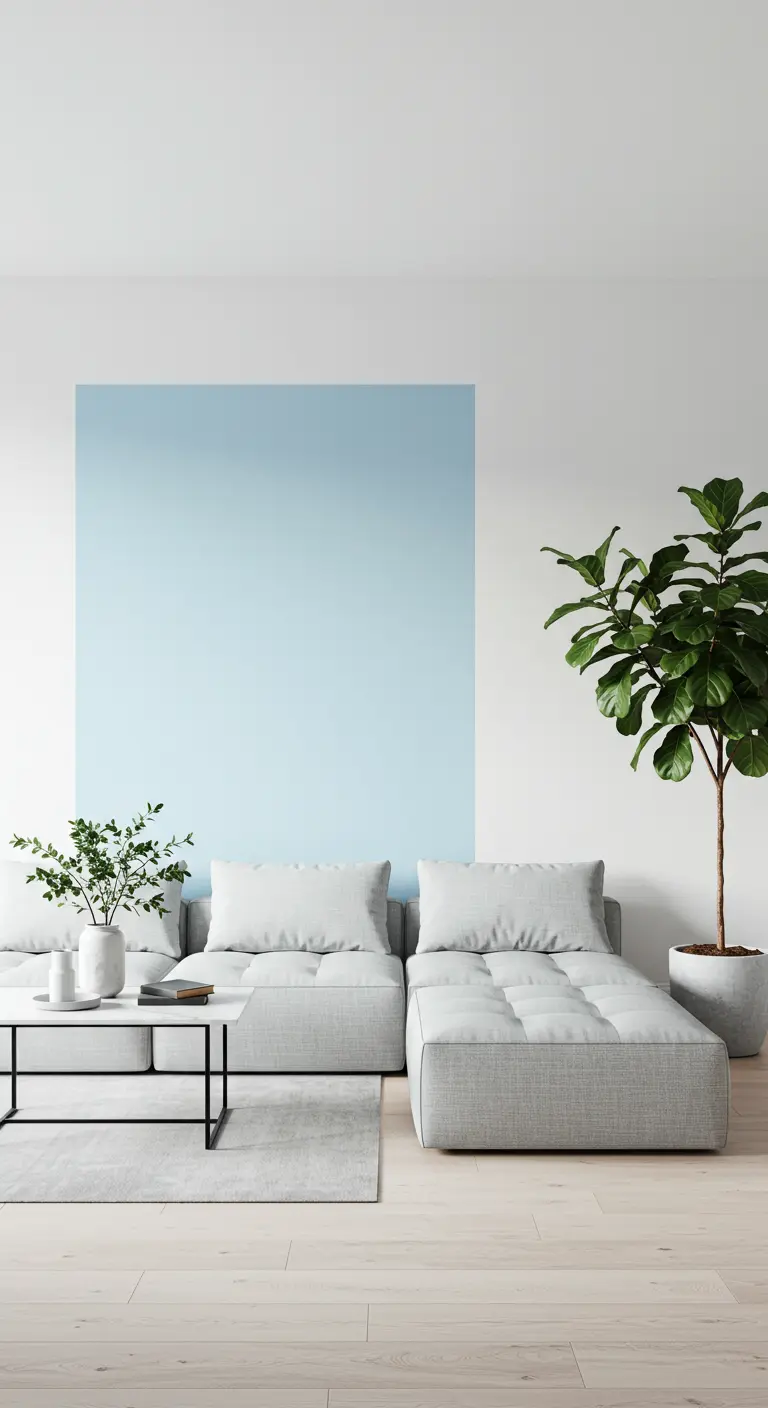 A simple painted blue square on a white wall behind a low-profile grey sectional.