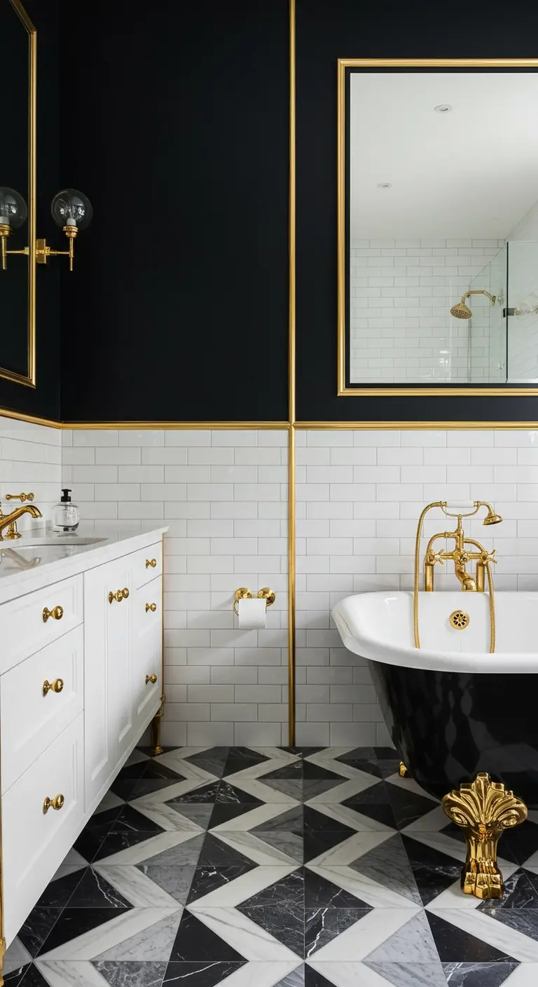 Bathroom with black and white chevron floor, white subway tile, and gold wall trim.