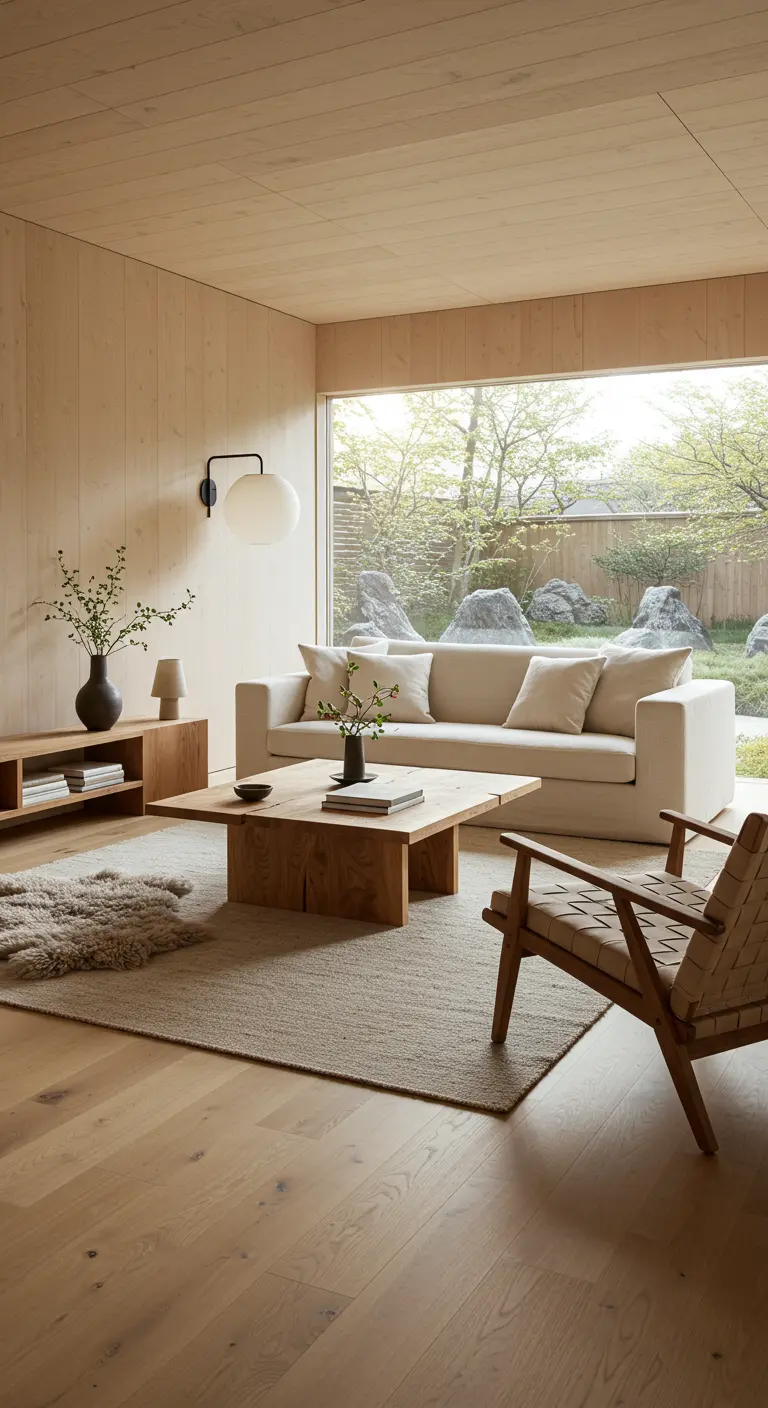 Light wood-paneled living room with a large window overlooking a garden.