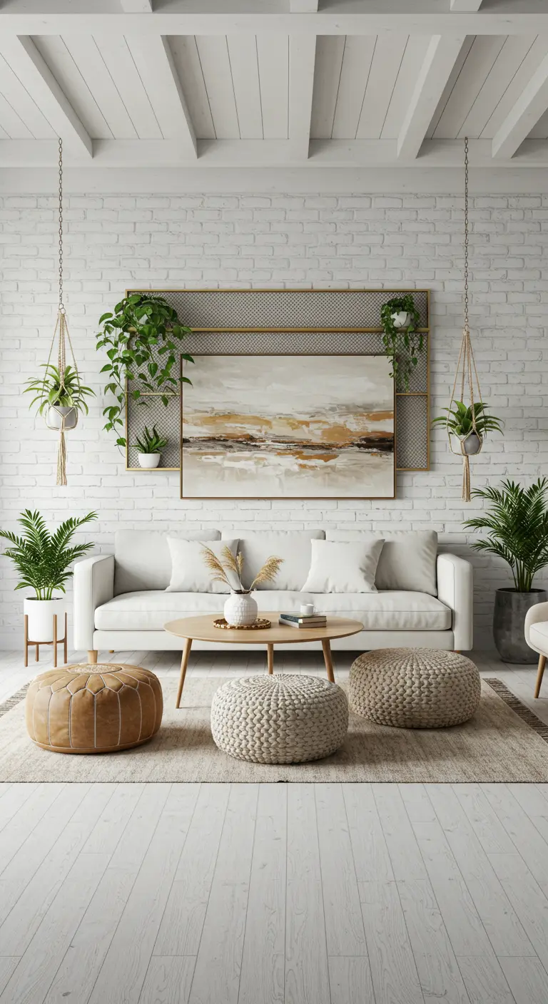 White living room with a gold mesh shelf behind the sofa, framing a large piece of art.