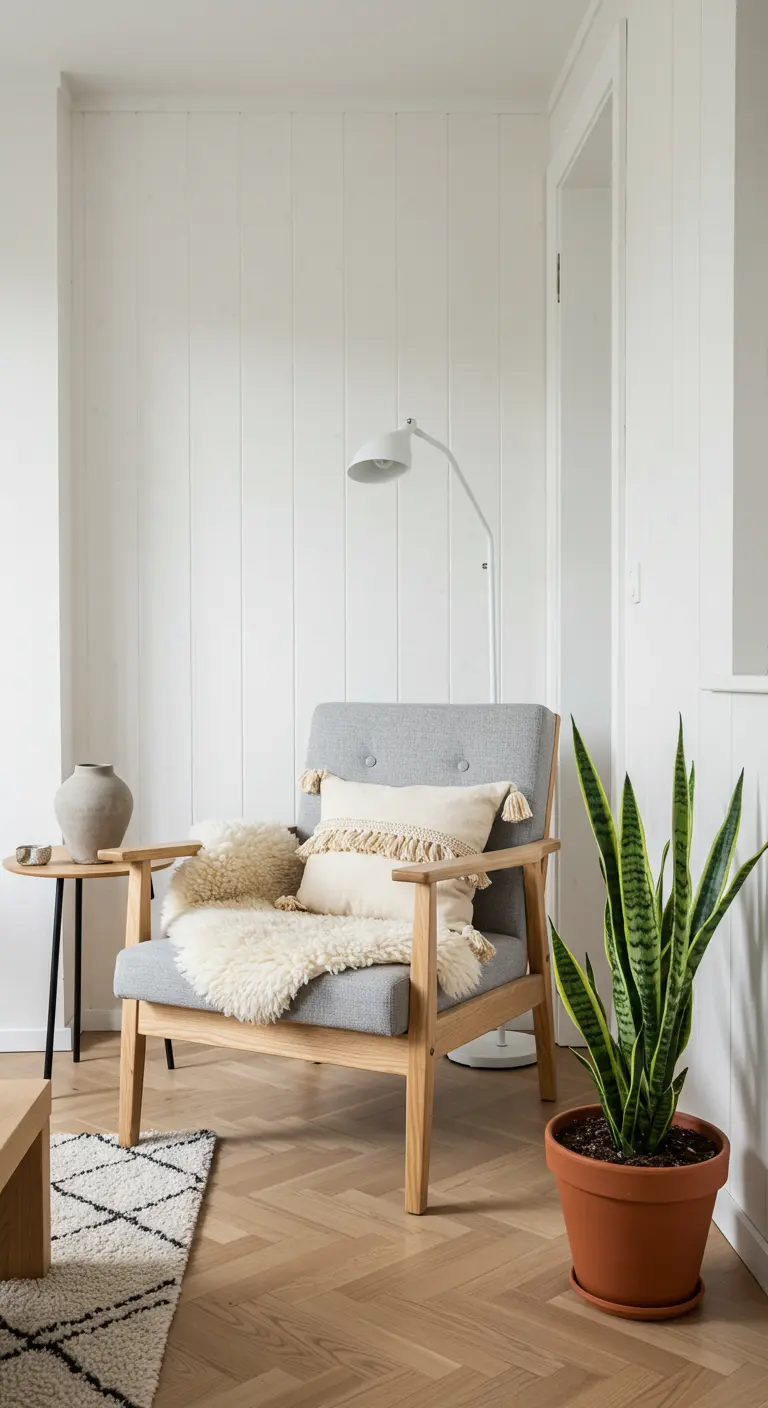 Light wood armchair with a sheepskin throw, tasseled pillow, and a snake plant in a terracotta pot.