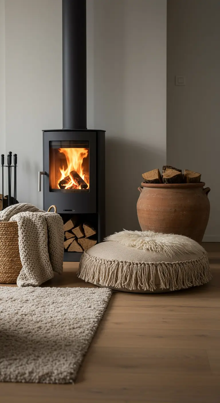A modern wood-burning stove with a fringed pouf, knit blankets in a basket, and firewood nearby.