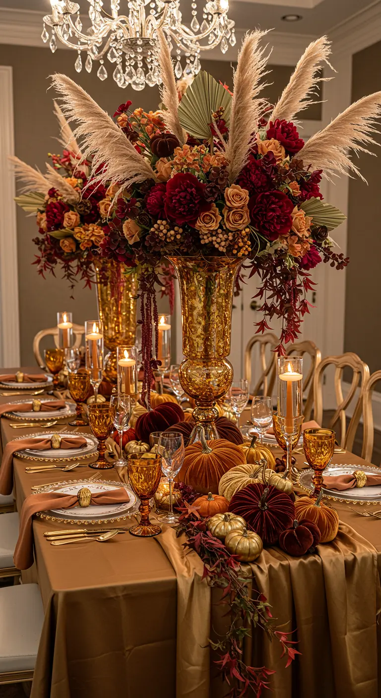 Ornate fall table with gold tablecloth, tall floral centerpieces, and velvet pumpkins.