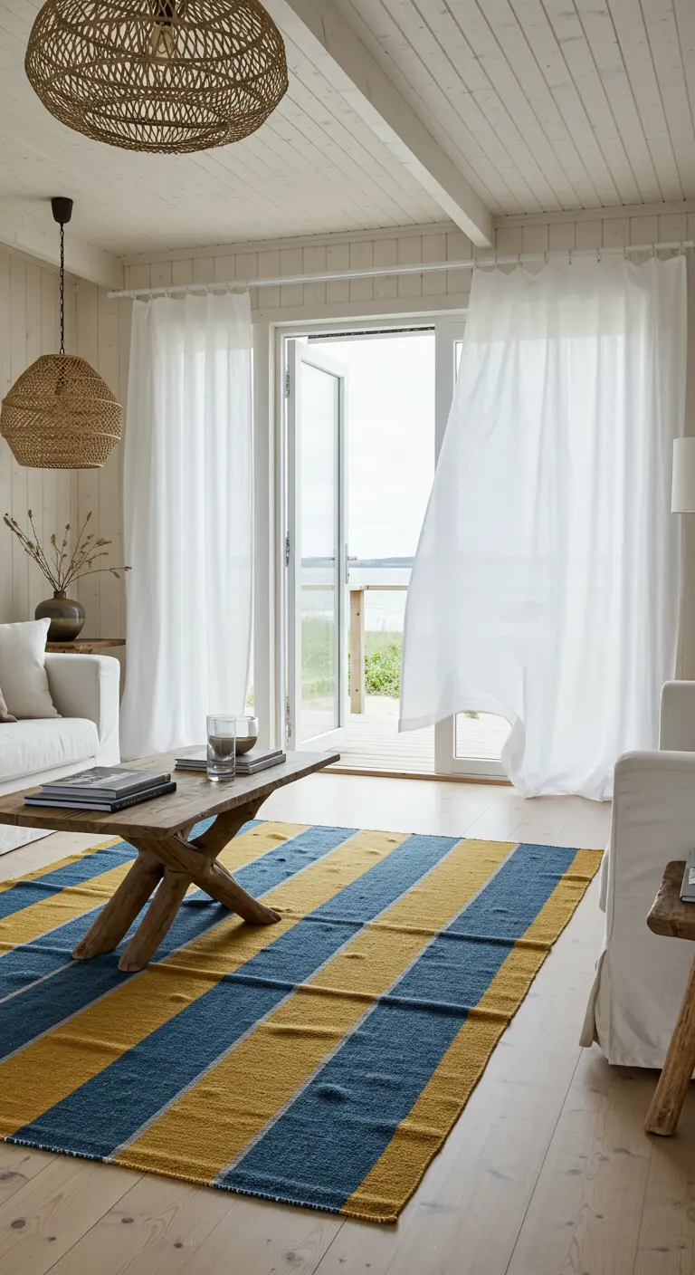 Breezy coastal room with a bold blue and mustard yellow striped woven rug.