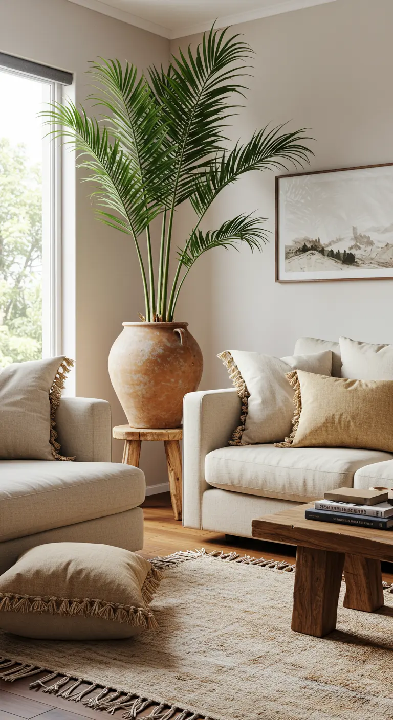 A large palm tree in a terracotta pot stands behind a neutral sofa with fringed pillows.