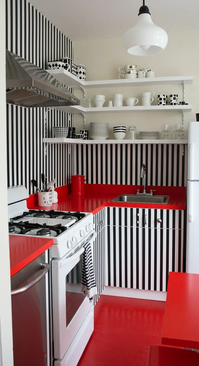 A kitchen with black and white striped walls, bright red countertops, and white dishes.