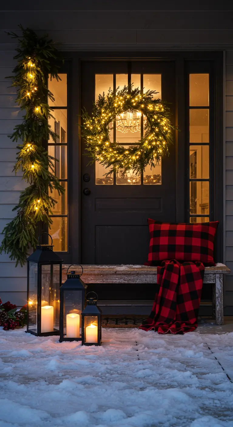 Black front door with a lit wreath, garland, lanterns, and a red plaid blanket on a snowy porch.