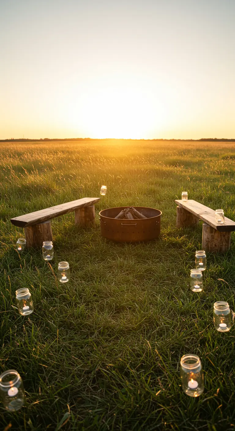A simple fire pit and benches in a grassy field at sunset, surrounded by scattered mason jar candles.
