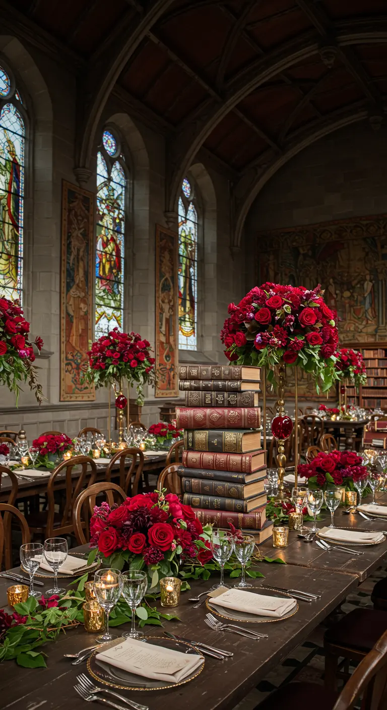 A grand hall with towering red floral centerpieces on tall stacks of antique books.