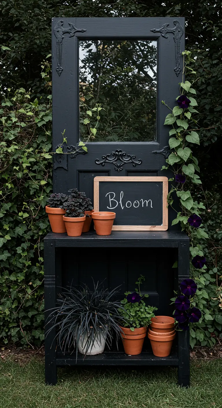 An ornate black potting station with a mirror panel, surrounded by dark green and purple foliage.