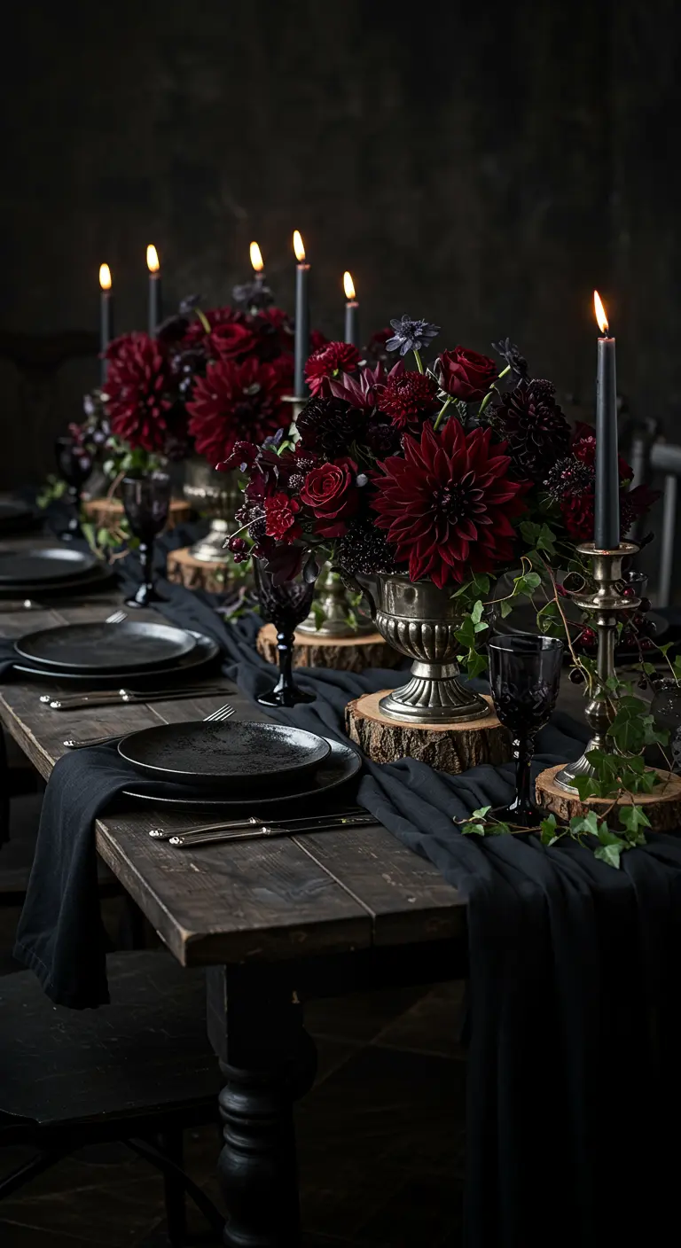 A dark, gothic-themed table with a black runner, black candles, and deep red flowers.