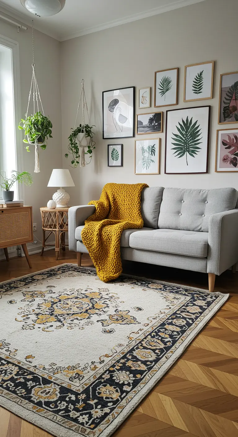 Grey sofa with a mustard knit throw below a botanical gallery wall.