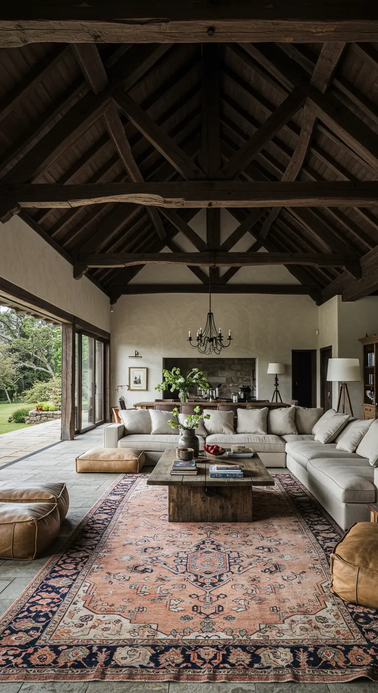 A large living room with exposed wood beams, a neutral sectional, and a very large, ornate Persian rug.
