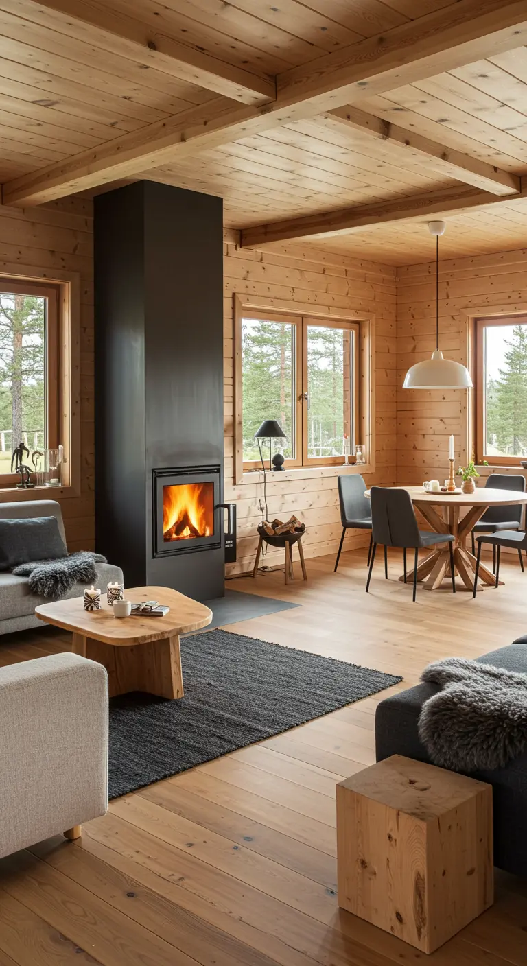 Open-plan living space with light pine walls, a black fireplace, and dark grey rugs and sofas.