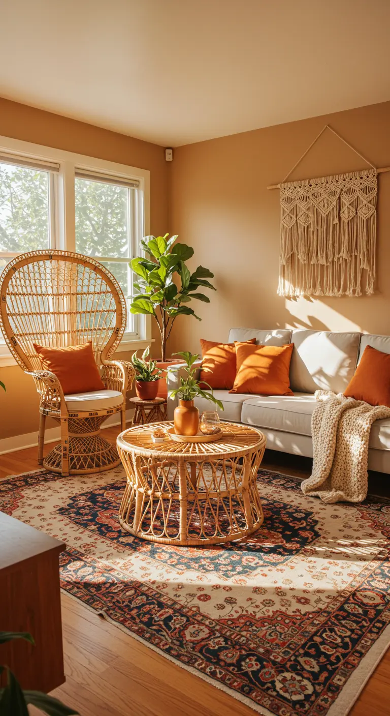 Sunlit living room with a rattan peacock chair, grey sofa with orange pillows, and a large patterned rug.
