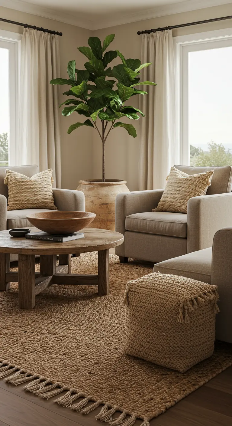 Living room with neutral armchairs, a large jute rug with fringe, and a rustic wood coffee table.