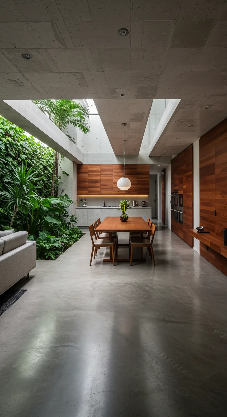 Open-concept room with a living wall of green plants adjacent to the dining area.