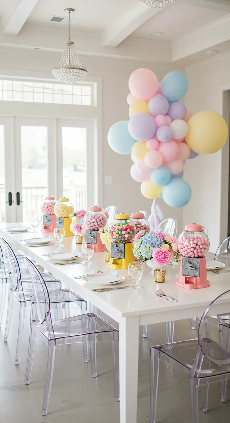 Pastel gumball machines filled with candy line the center of a white brunch table.