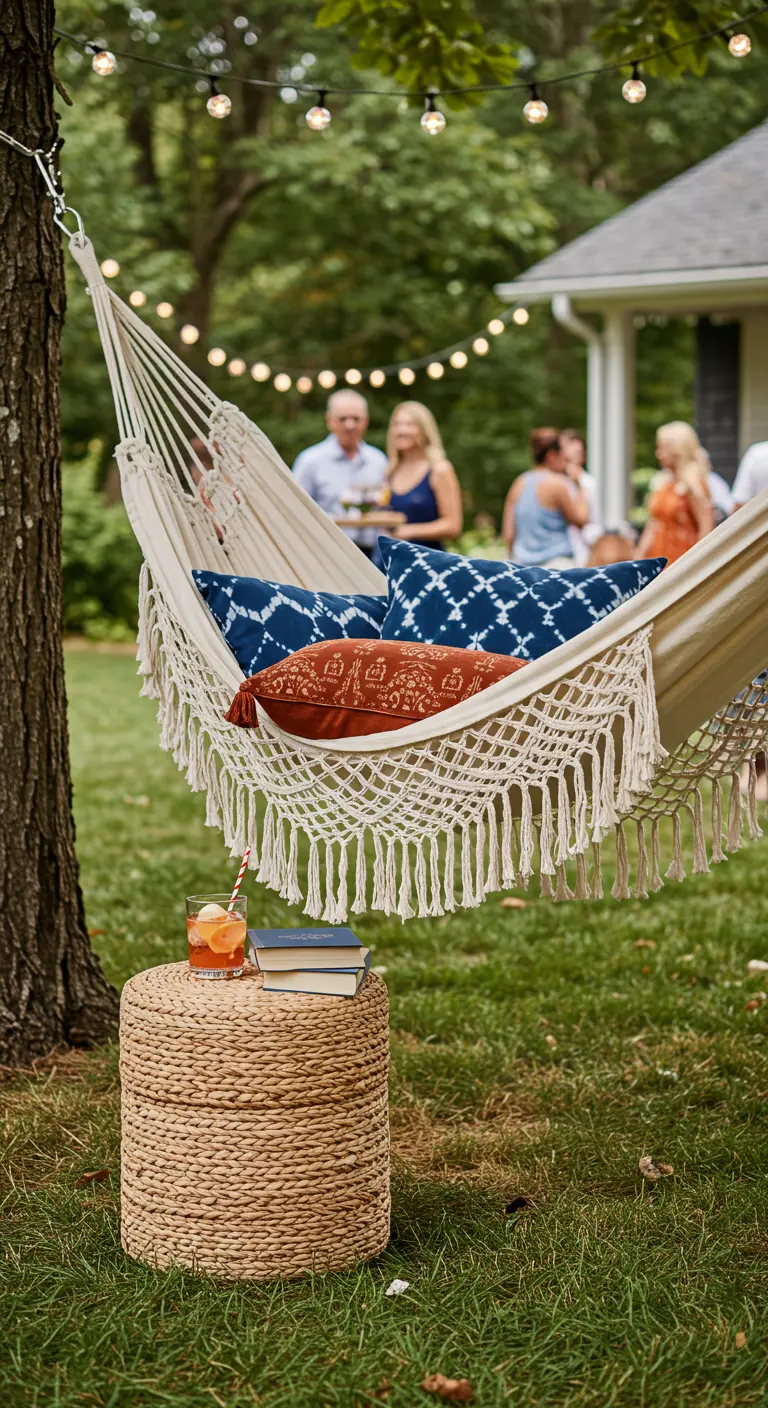 A macrame hammock filled with patterned pillows, with a woven stool side table.