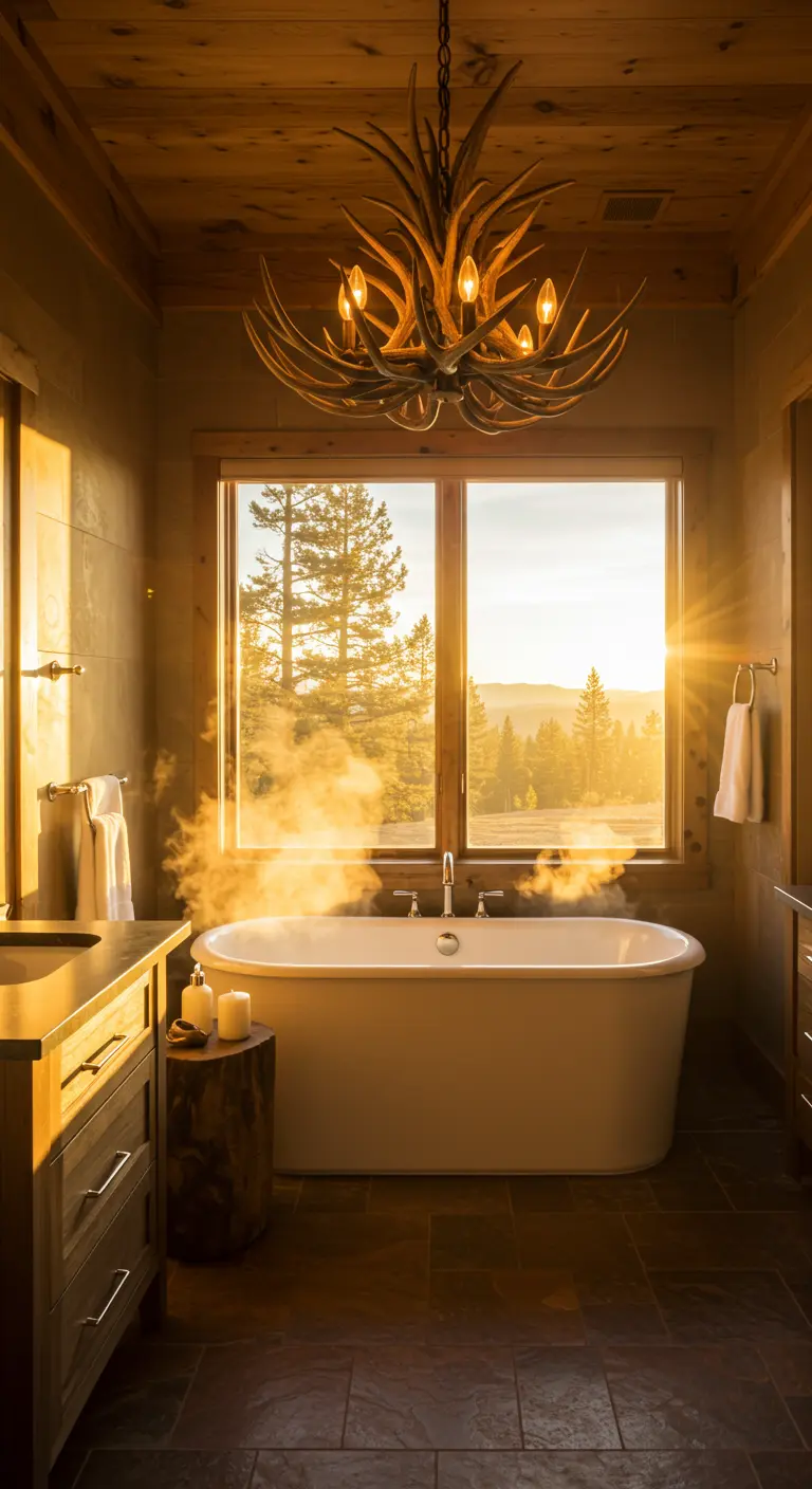 A steamy bathtub in a rustic bathroom, backlit by the golden light of a sunset through the window.