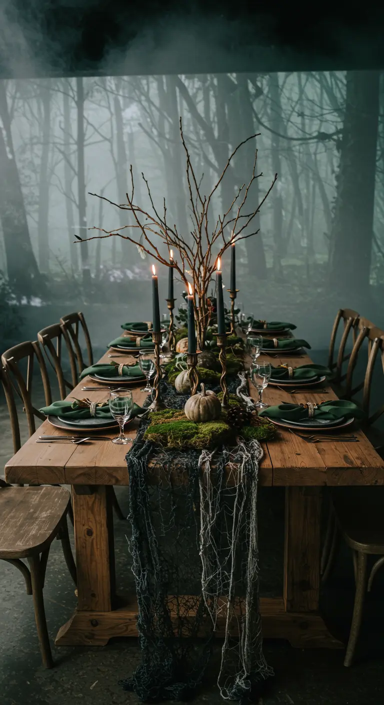 A long wooden table with a centerpiece of moss, branches, and small white pumpkins.
