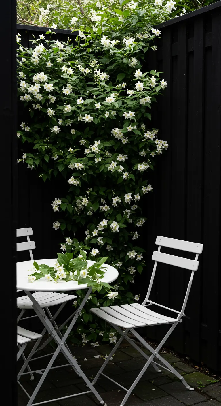 A white bistro set stands out dramatically against a black-painted wooden fence with white jasmine.