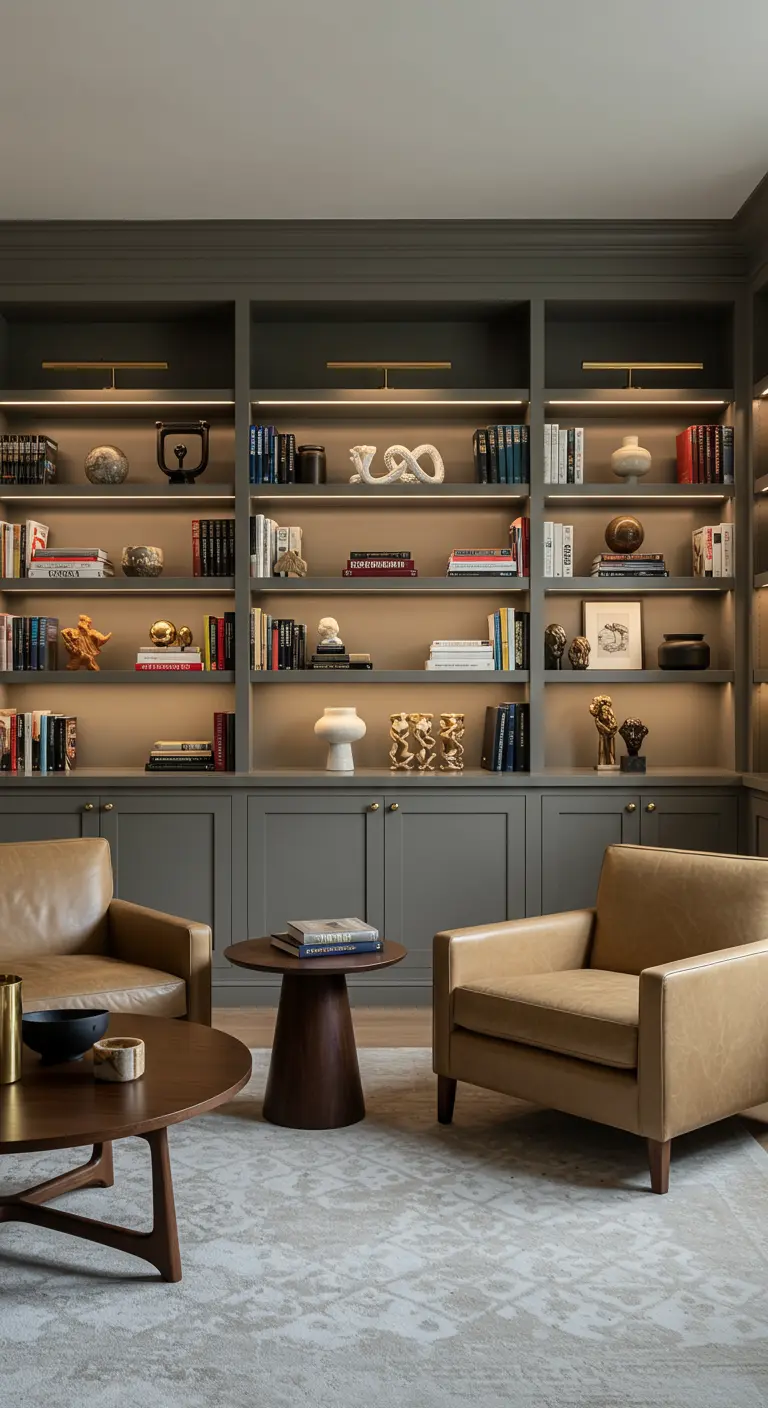 Library with greige built-in shelves featuring integrated LED lighting.