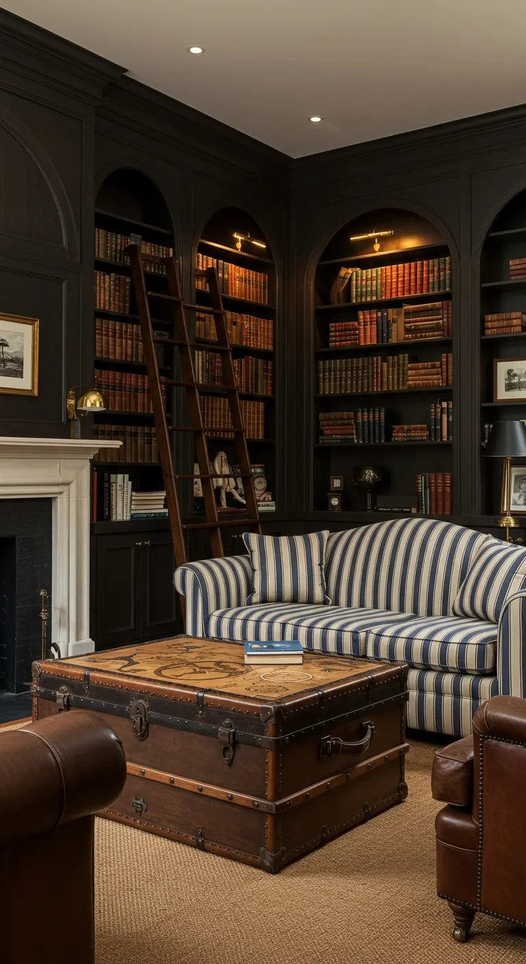 A dark, cozy library with built-in arched bookcases lit by individual brass lights.