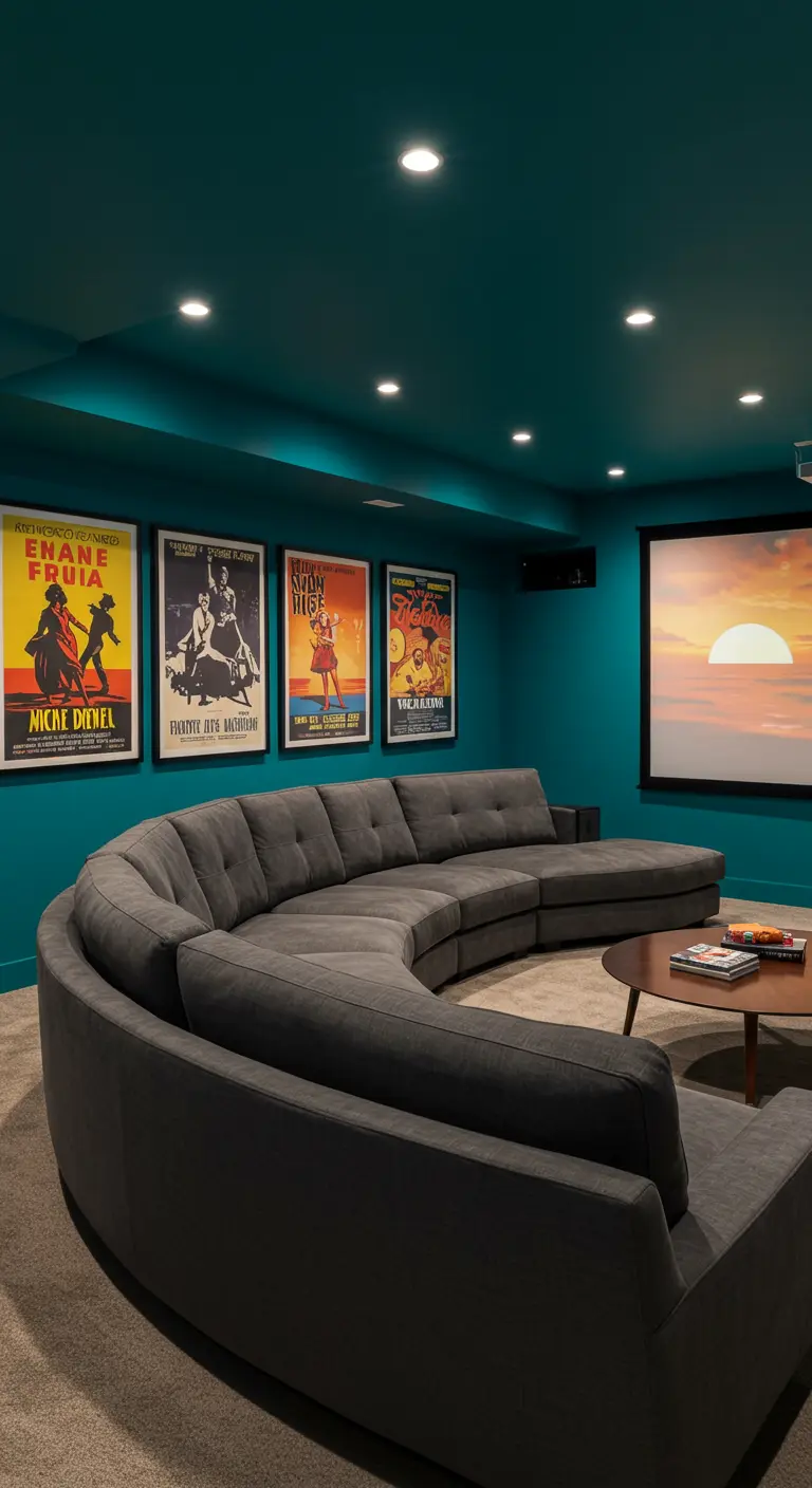 A media room with dark teal walls and a large, curved gray sectional sofa facing a screen.