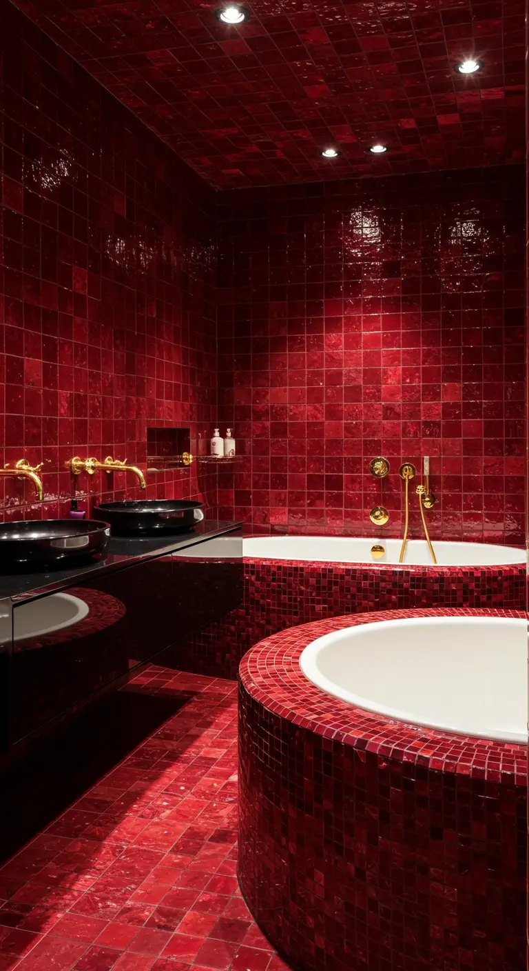 A bathroom completely covered in shimmering ruby red mosaic tiles, with gold fixtures and a sunken tub.