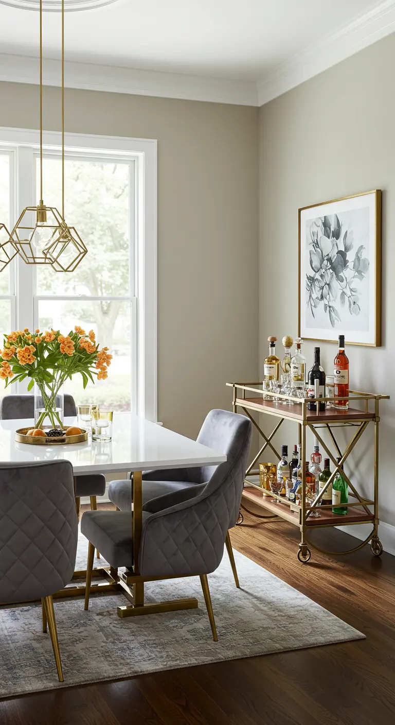 Dining room with gray quilted velvet chairs, a geometric pendant, and a brass bar cart.