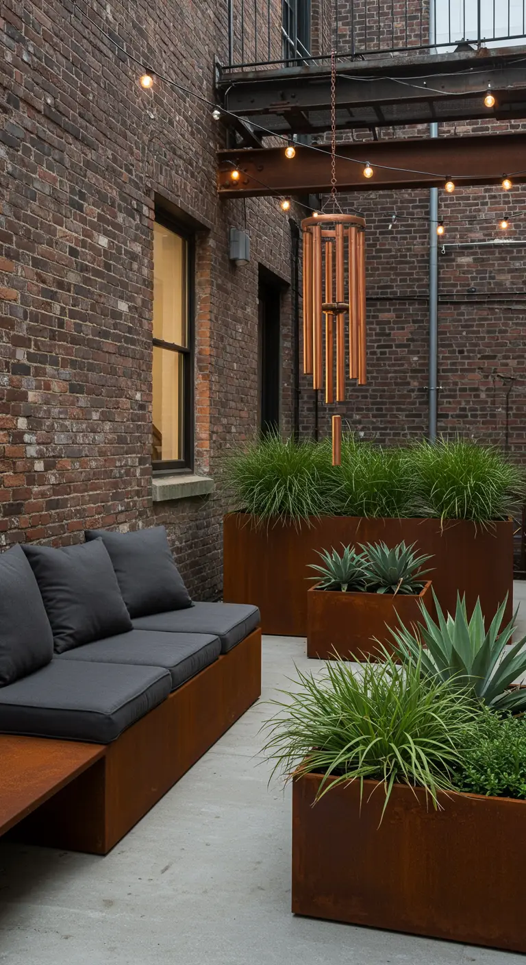 An industrial patio with corten steel planters, a matching bench, and string lights.