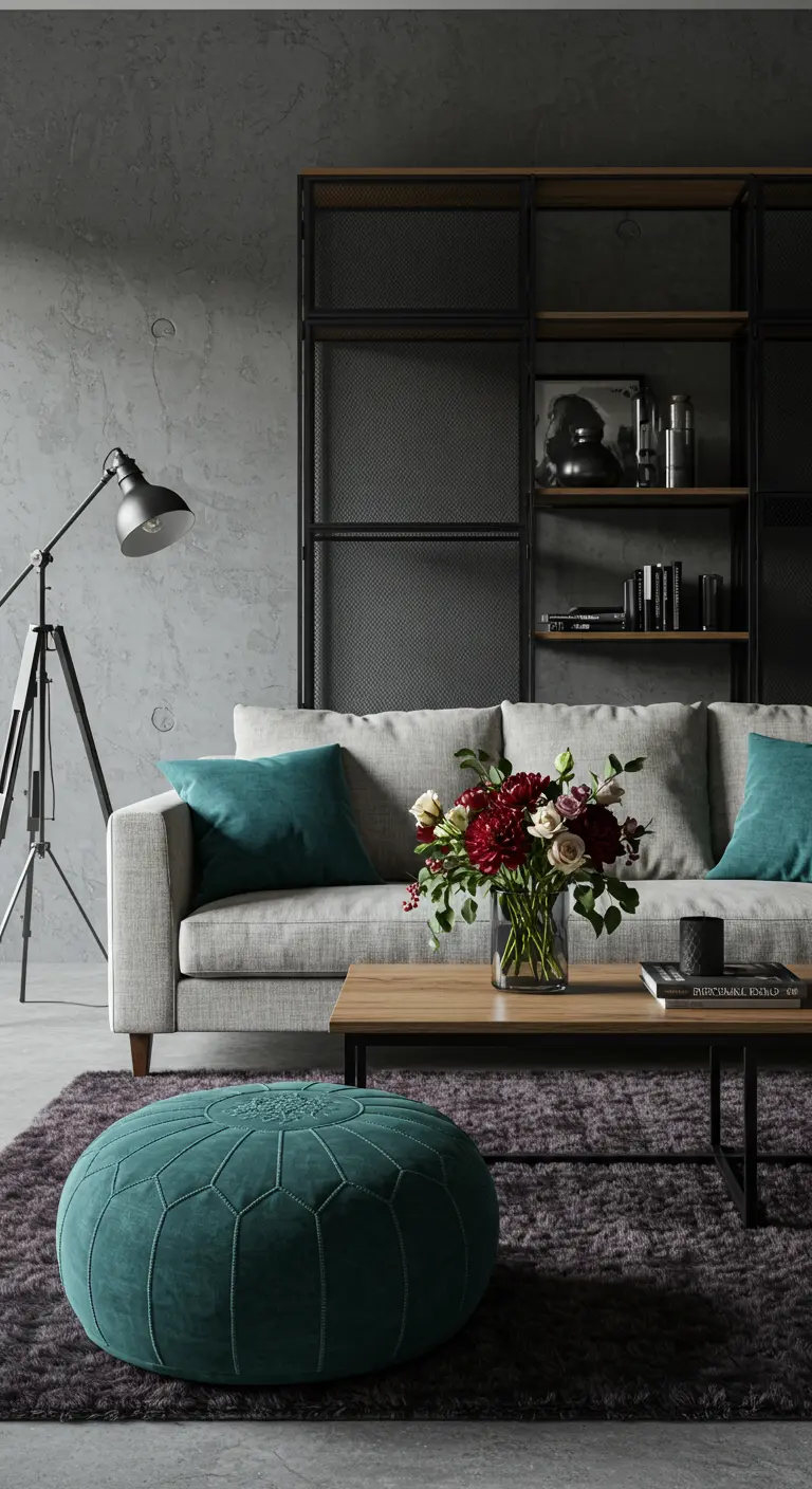 Minimalist gray room with a concrete wall, gray sofa, and a single, deep teal pouf.