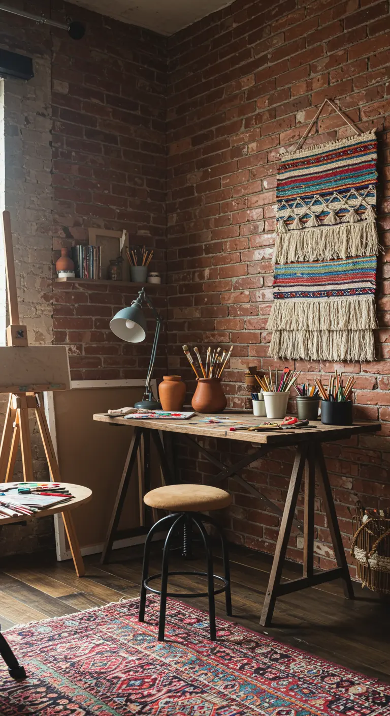 An artist's nook with a trestle desk, woven tapestry on a brick wall, and a colorful rug.