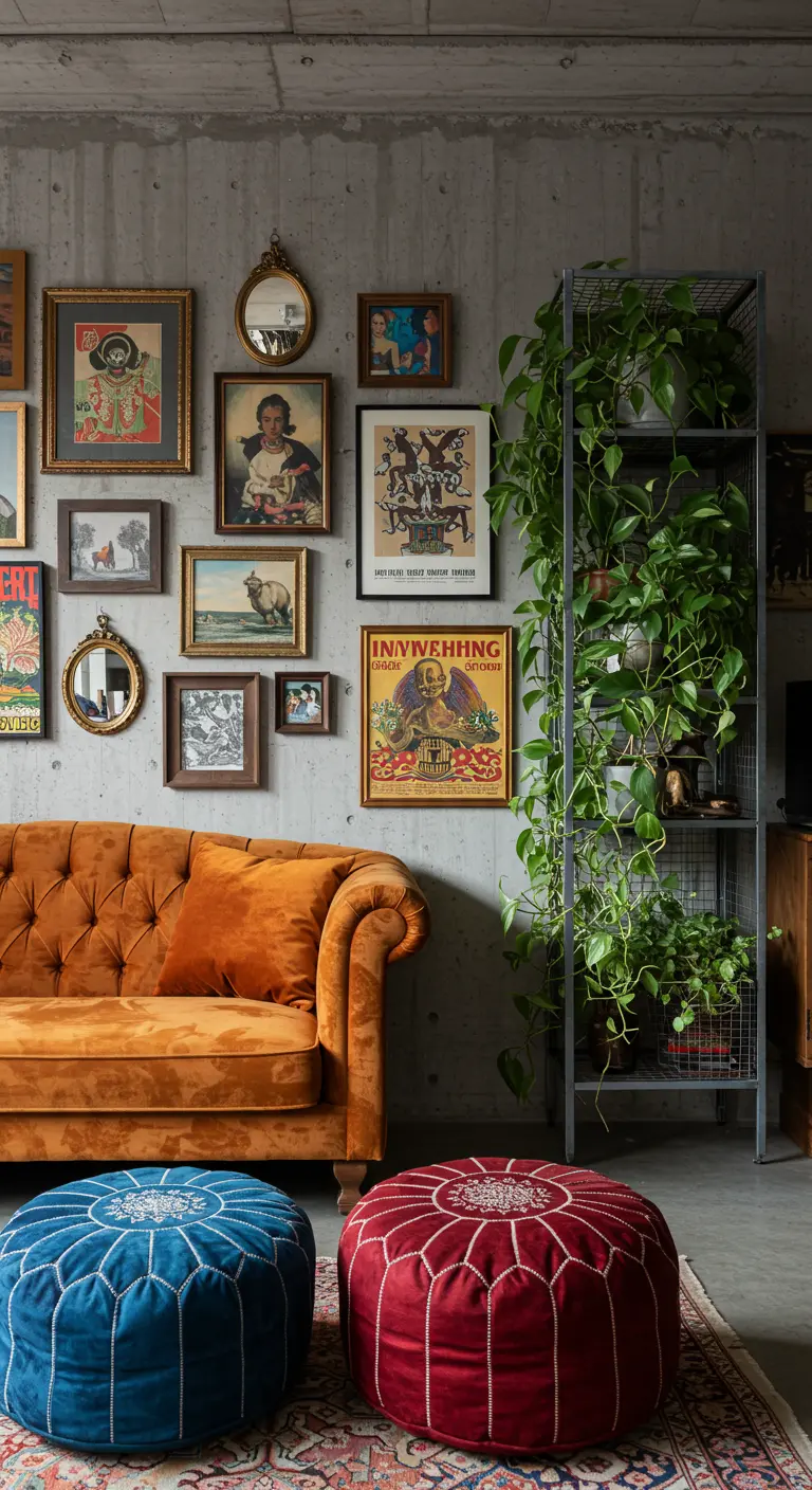 Living room with a gallery wall, a tall plant shelf, and jewel-toned velvet poufs.