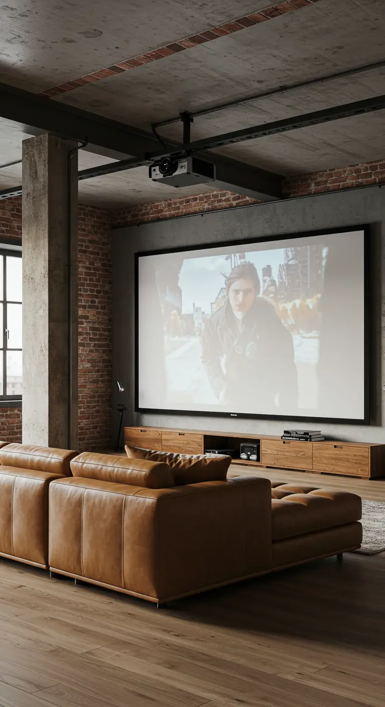 Home theater in a loft with a large screen, brick wall, and leather sectional.