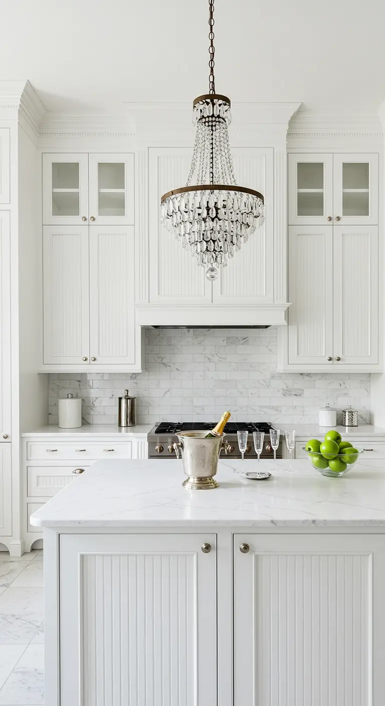 All-white kitchen featuring a large, ornate crystal chandelier over the island.