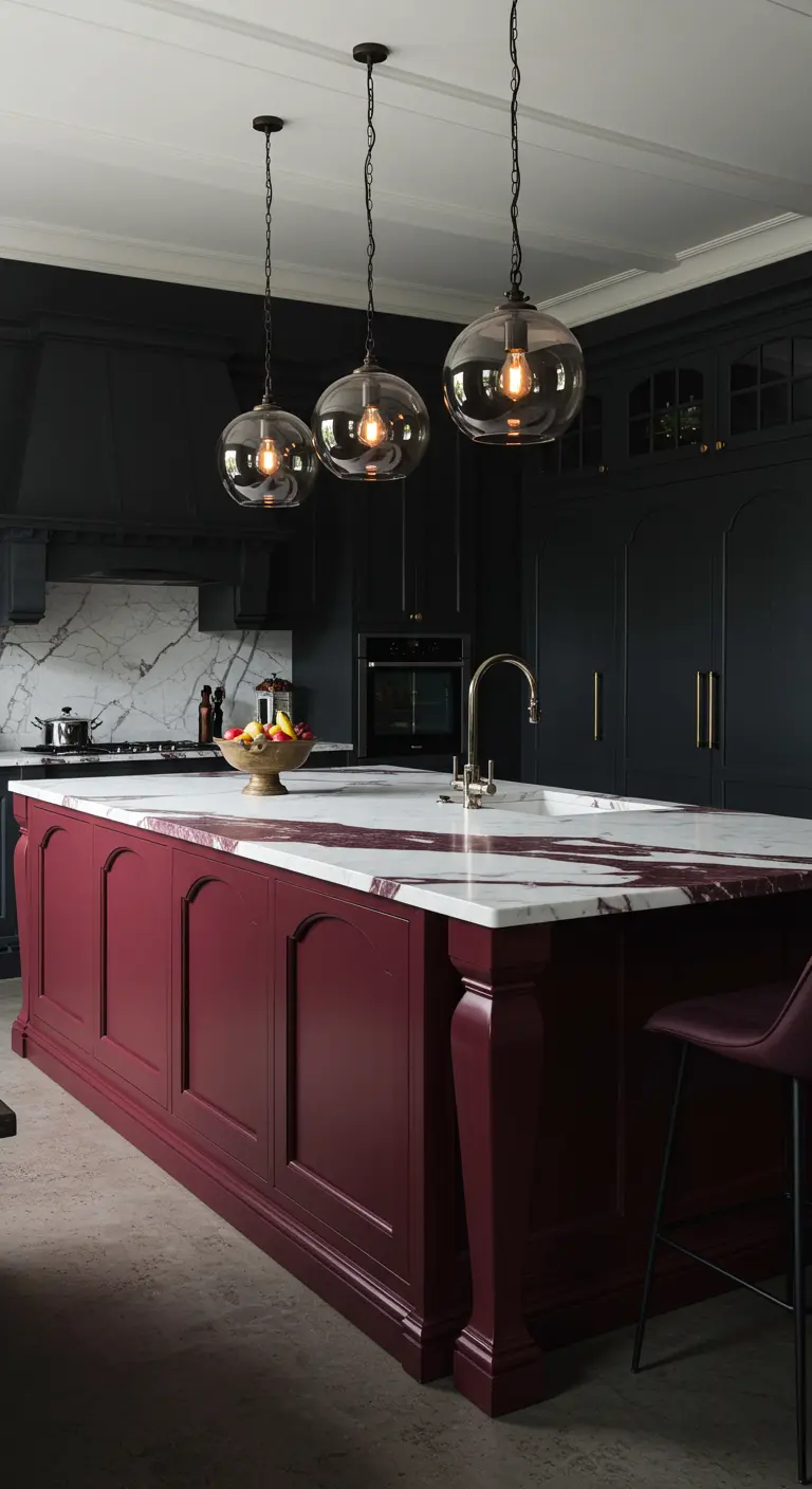 Kitchen with black cabinets and a striking burgundy island topped with veined marble.