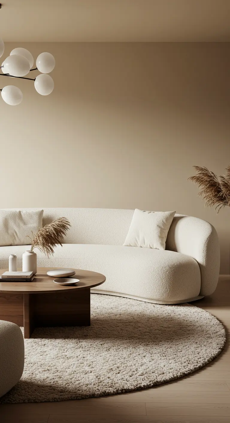 A modern living room featuring a curved bouclé sofa on a round high-pile rug.