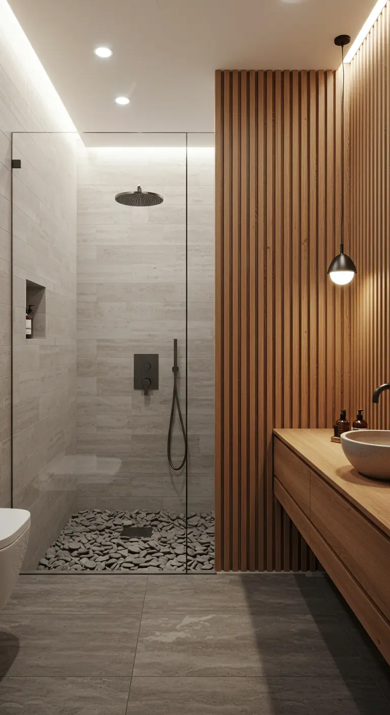 Bathroom with a slatted wood wall, a pebble shower floor, and a floating vanity.