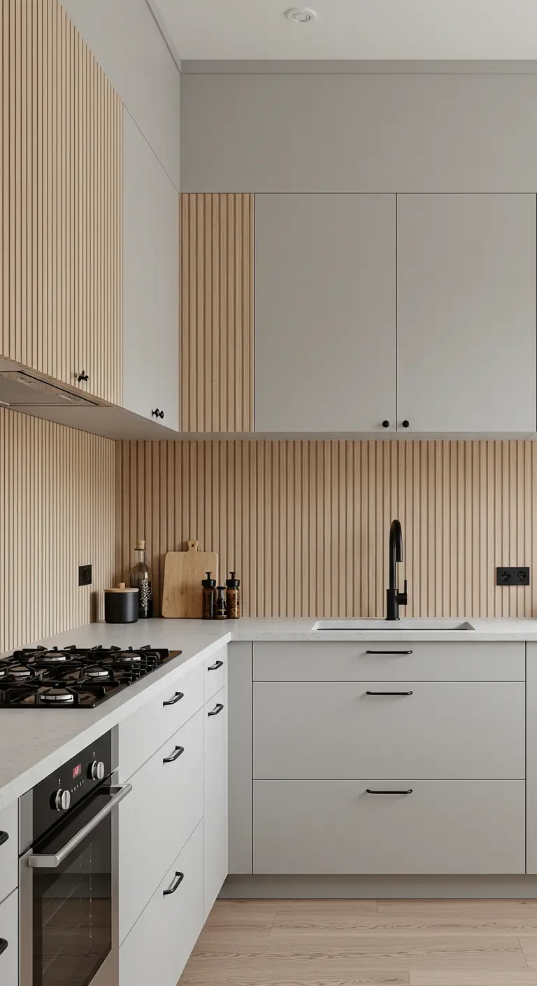 Kitchen with a vertical fluted light wood backsplash behind the stove and countertop.