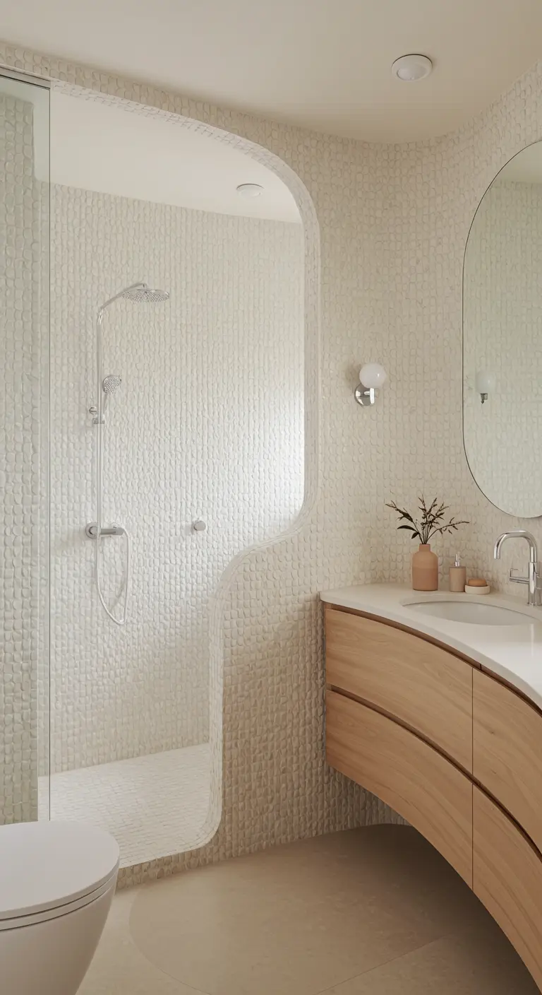 Bathroom with a curved penny tile wall and a curved wood vanity.