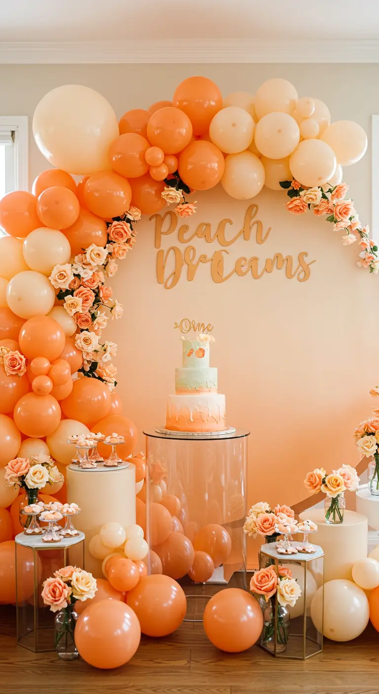 A monochromatic peach balloon arch decorated with matching peach roses around a dessert table.