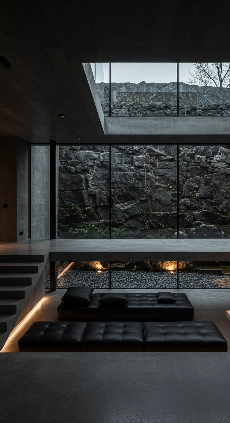 A minimalist living room with a sunken seating area looking out onto a massive rock wall.