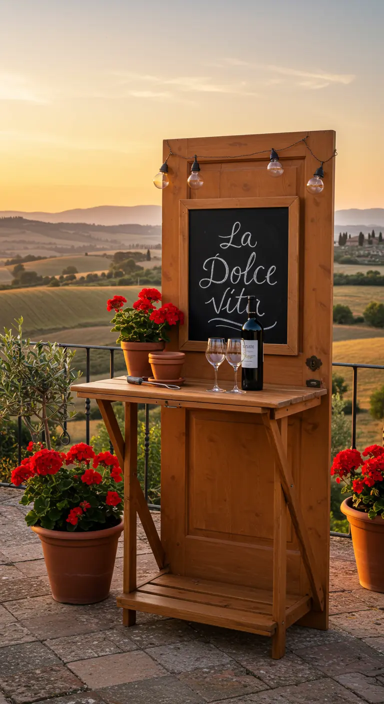 A wooden potting station on a scenic terrace at sunset, set up as a bar with wine and glasses.