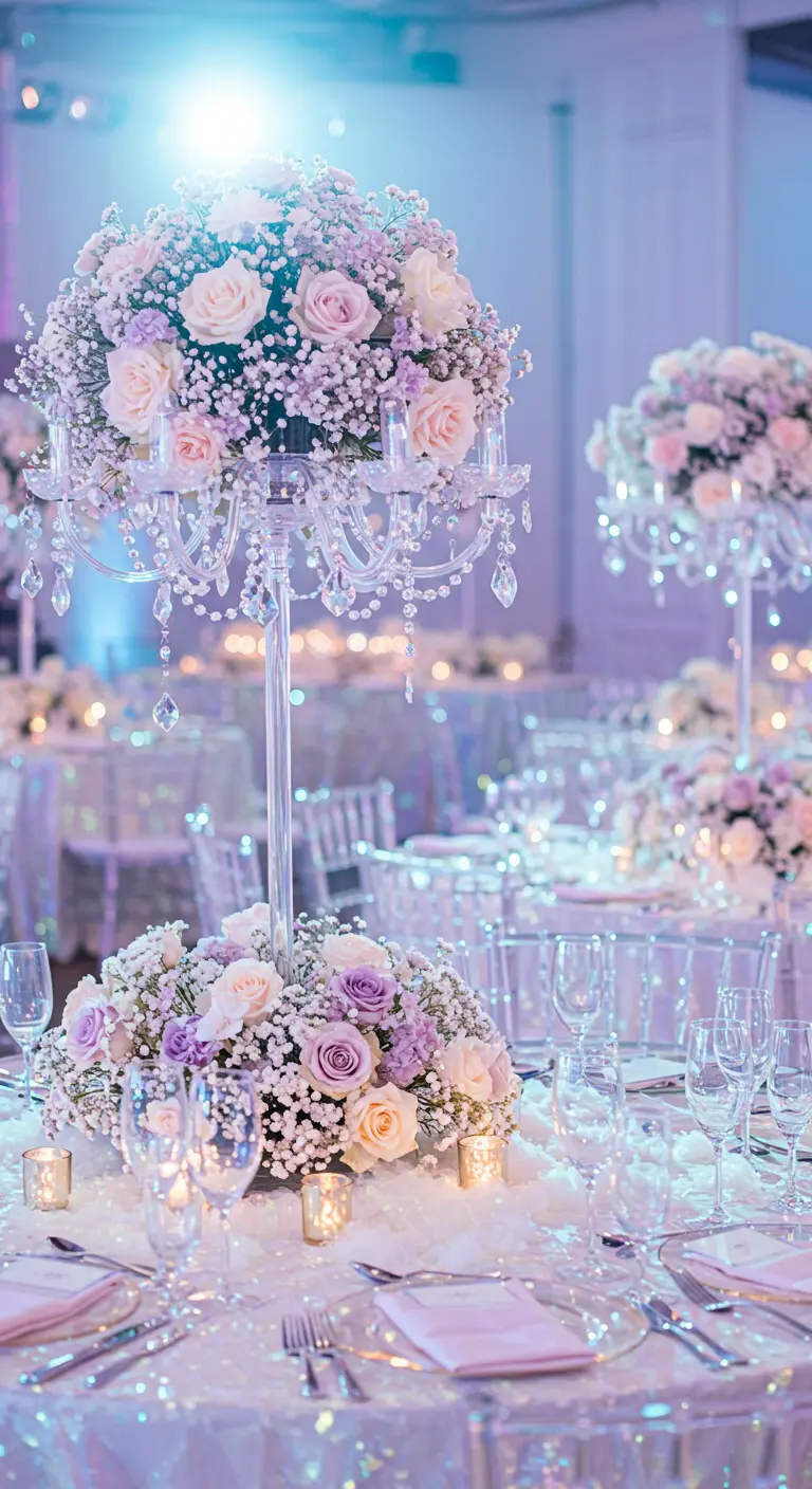 A dreamy pastel centerpiece with lavender and pink roses on an iridescent tablecloth.