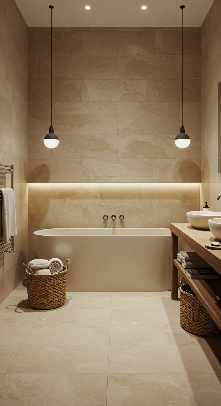 Modern bathroom with a freestanding tub, beige tiles, and layered lighting from pendants and an LED strip.