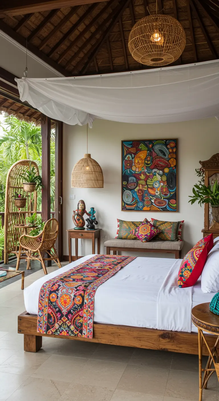 Bohemian bedroom with colorful patterned textiles and vibrant abstract art.